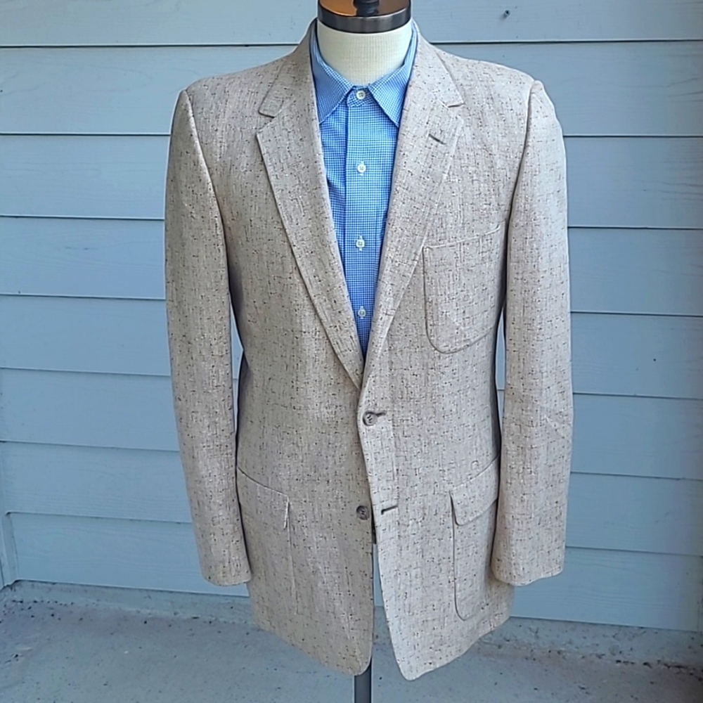 1950S TWEED Tan Beige‎ Flecked Weave Sz 40 L Mens Sport Coat Blazer VTG RARE